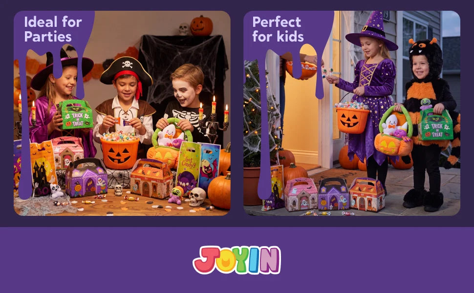 Un ensemble de seaux à bonbons d'Halloween lumineux pour fêtes et enfants, avec des citrouilles et des décorations effrayante