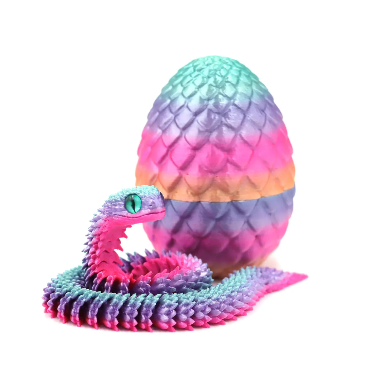 A vibrant pink and purple rainbow snake fidget toy coiled around a textured egg shape.