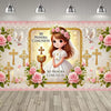 A pink and gold First Communion backdrop featuring a girl, roses, crosses, and a holy grail design.