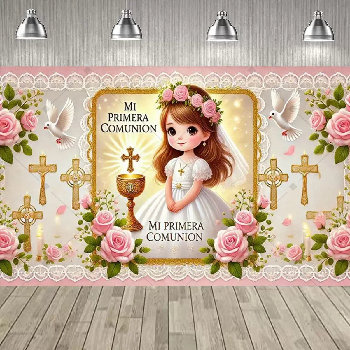 A pink and gold First Communion backdrop featuring a girl, roses, crosses, and a holy grail design.