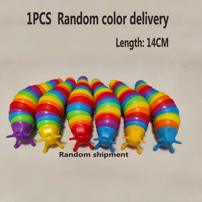 A collection of 14cm long, colorful, flexible fidget slug toys in various colors laid out for random shipment.