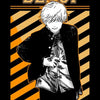 A stylized illustration of Denji from Chainsaw Man with a distressed expression, set against a black background with yellow d