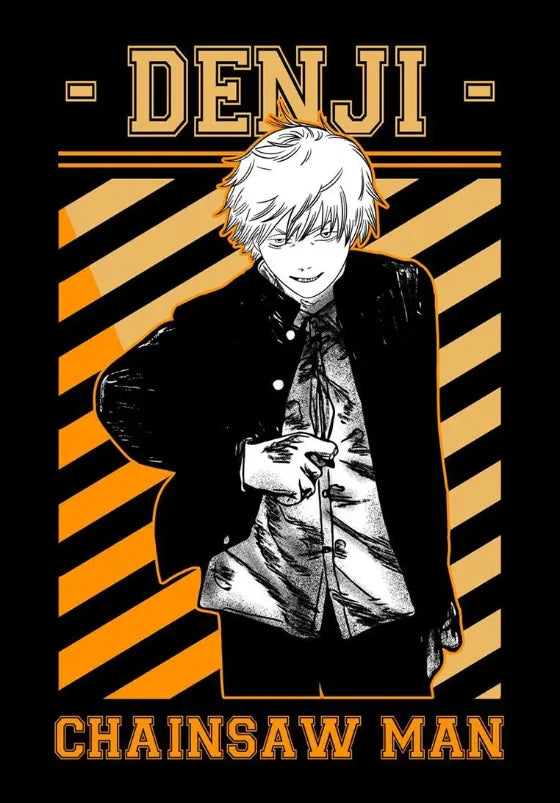 A stylized illustration of Denji from Chainsaw Man with a distressed expression, set against a black background with yellow d
