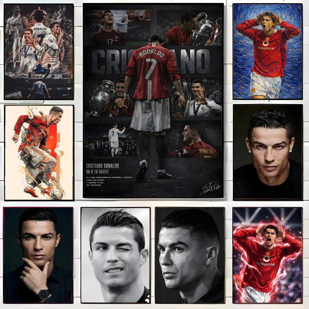 A collage of various Cristiano Ronaldo football moments and portraits in a modern wall art print.
