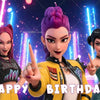 Three female fantasy witch hunters characters posing for a happy birthday backdrop