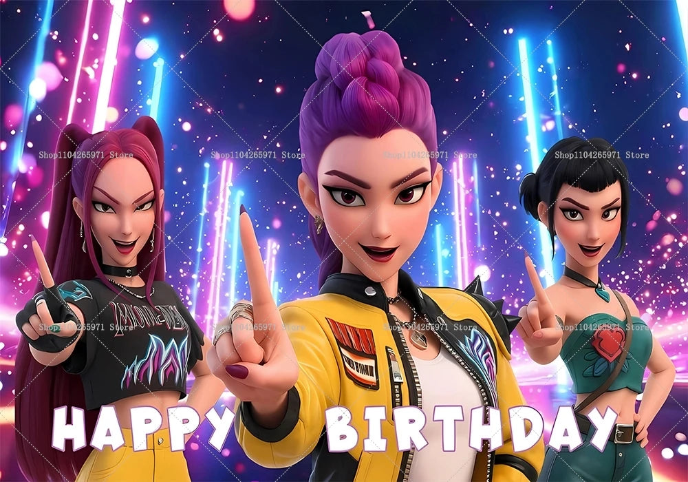 Three female fantasy witch hunters characters posing for a happy birthday backdrop
