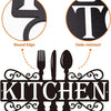 Black metal wall art sign featuring the word KITCHEN with decorative scrollwork and silhouette icons of cutlery.