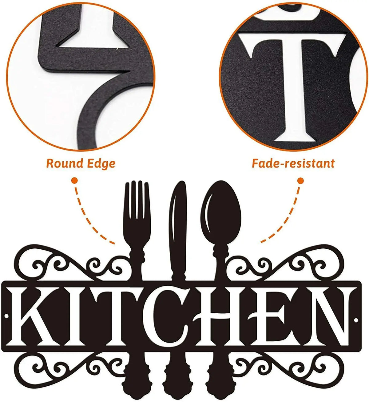 Black metal wall art sign featuring the word KITCHEN with decorative scrollwork and silhouette icons of cutlery.