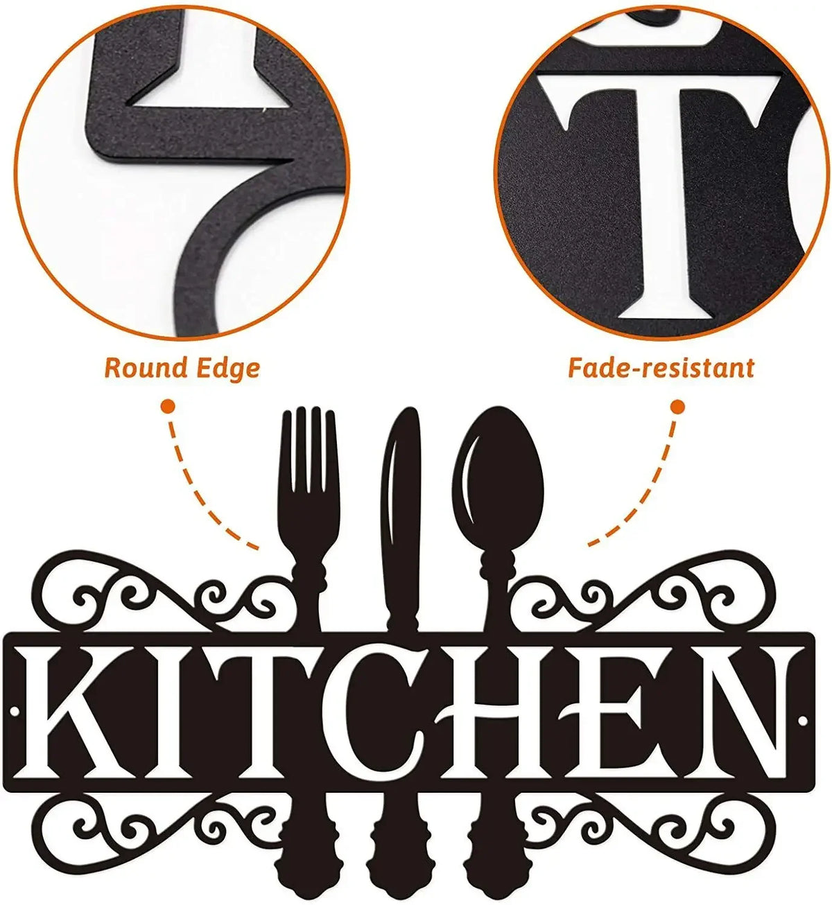 Black metal wall art sign featuring a kitchen silhouette with round edges and fade-resistant finish