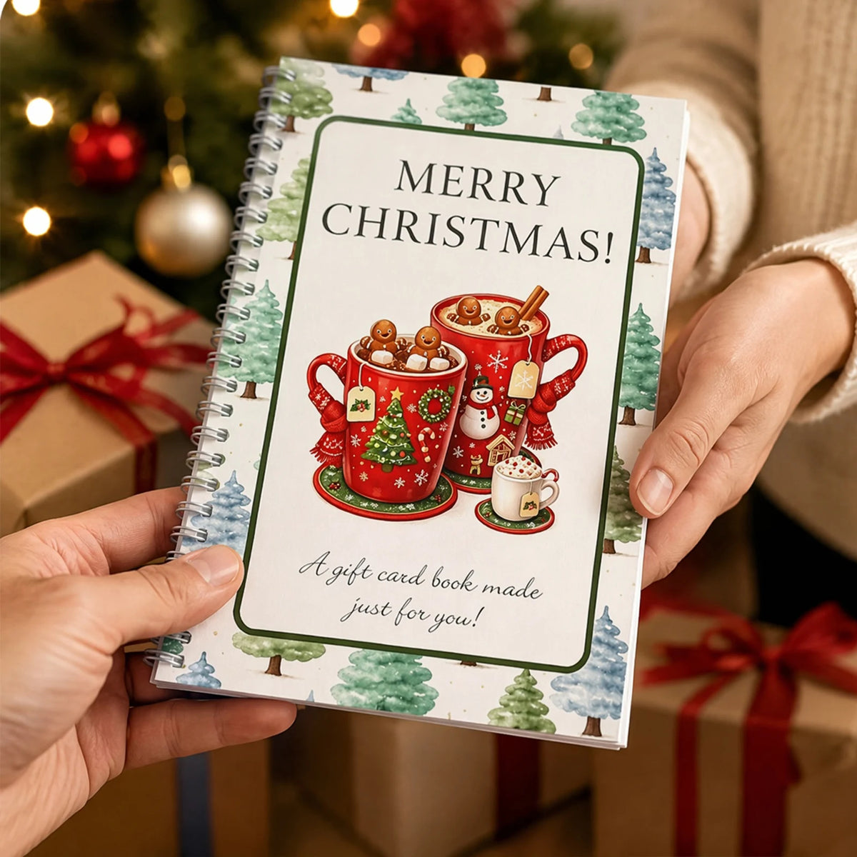 A gift card book with a festive design featuring Christmas elements and a greeting.