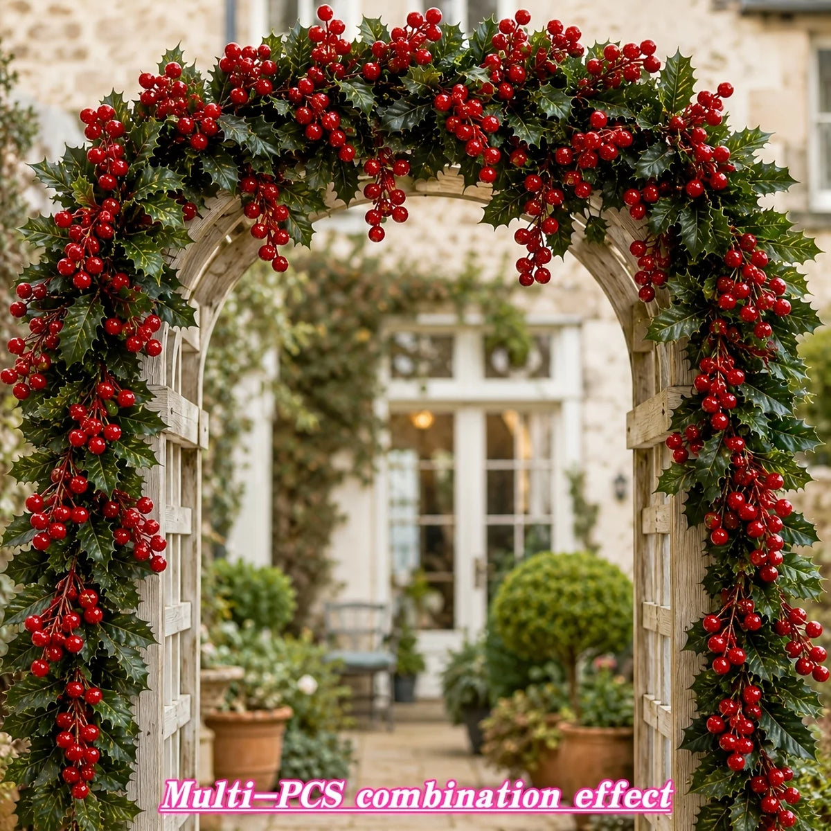 Artificial red berry holly Christmas garland draped over a wooden archway