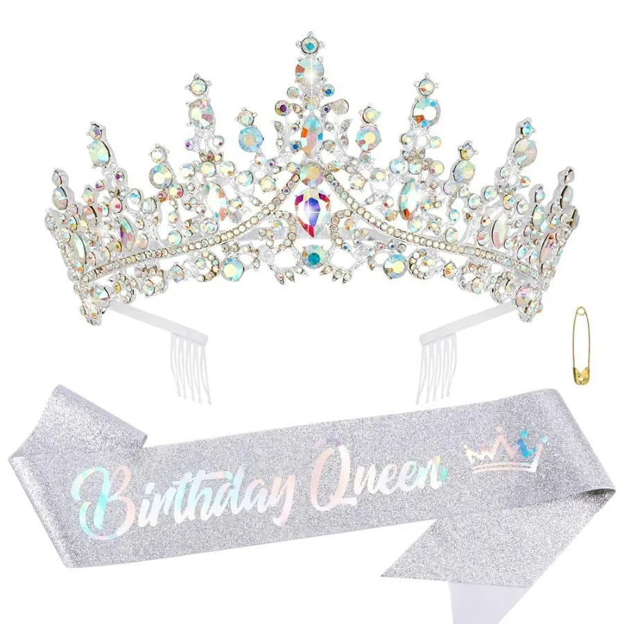 A sparkling rhinestone tiara crown and a silver glitter birthday queen sash set.