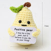 Handmade crochet potato doll with green hair and a card that says Positive pear I may be a tiny pear but I believe in you Go 