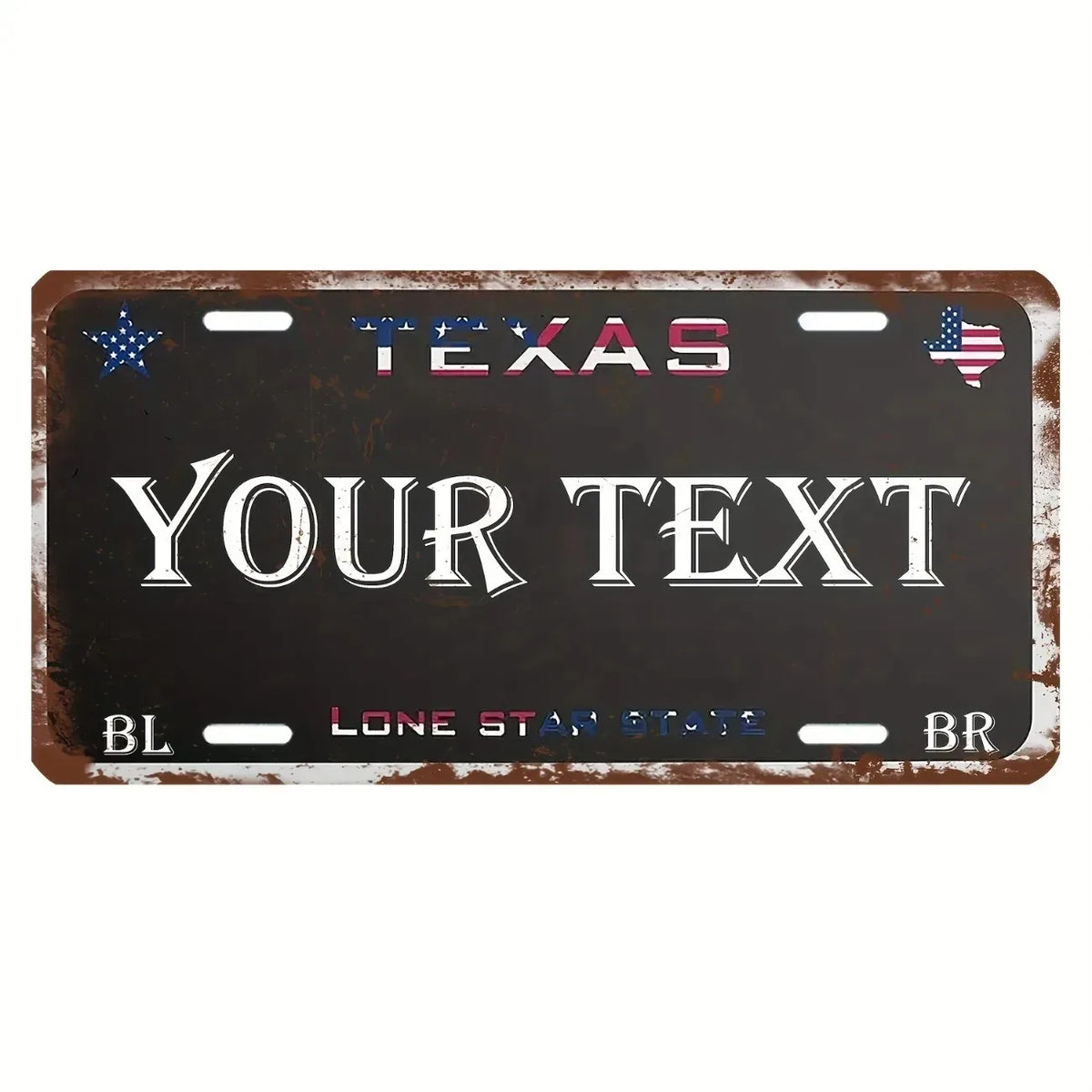 A dark metal license plate sign with the word TEXAS and space for custom text, featuring stars and an American flag motif.