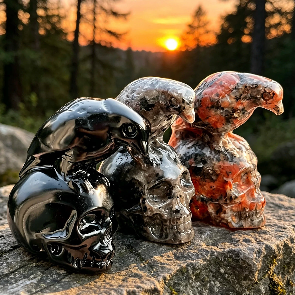 Trois crânes de corbeau en obsidienne polis posés sur une roche au coucher du soleil