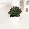 A small, dark green artificial succulent plant in a white pot sitting on a light surface.