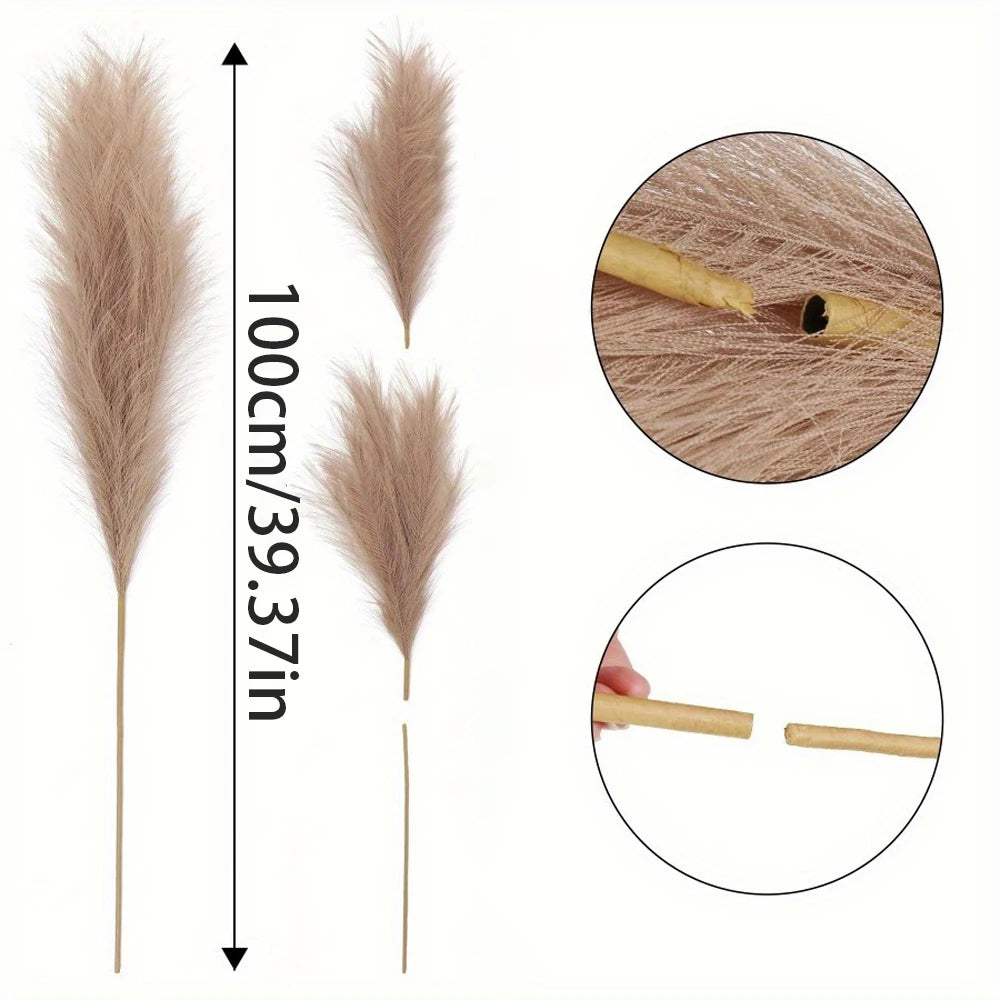A long, fluffy 39-inch artificial pampas grass stem shown with magnified views of the texture and base.