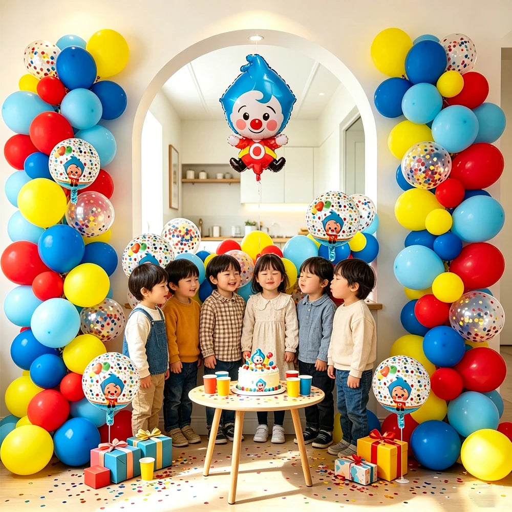 A colorful arch garland made of balloons featuring a cartoon clown theme for a party decoration.
