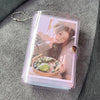 A clear plastic photo album featuring a portrait of a person and a small bowl of green fruit.