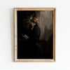A dark, moody painting depicting two figures in silhouette, framed in a vintage gold picture frame.