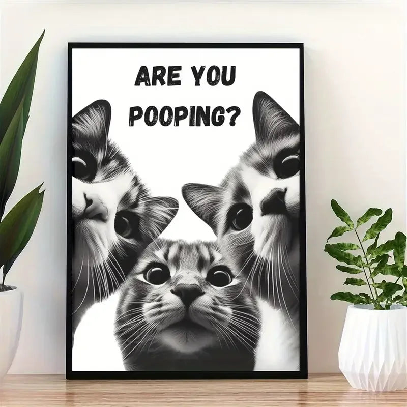A black and white photograph of three cats looking directly at the camera, displayed in a framed poster.
