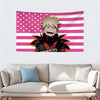 A tapestry featuring an anime character resembling Bakugo Katsuki against a pink and white striped flag background.