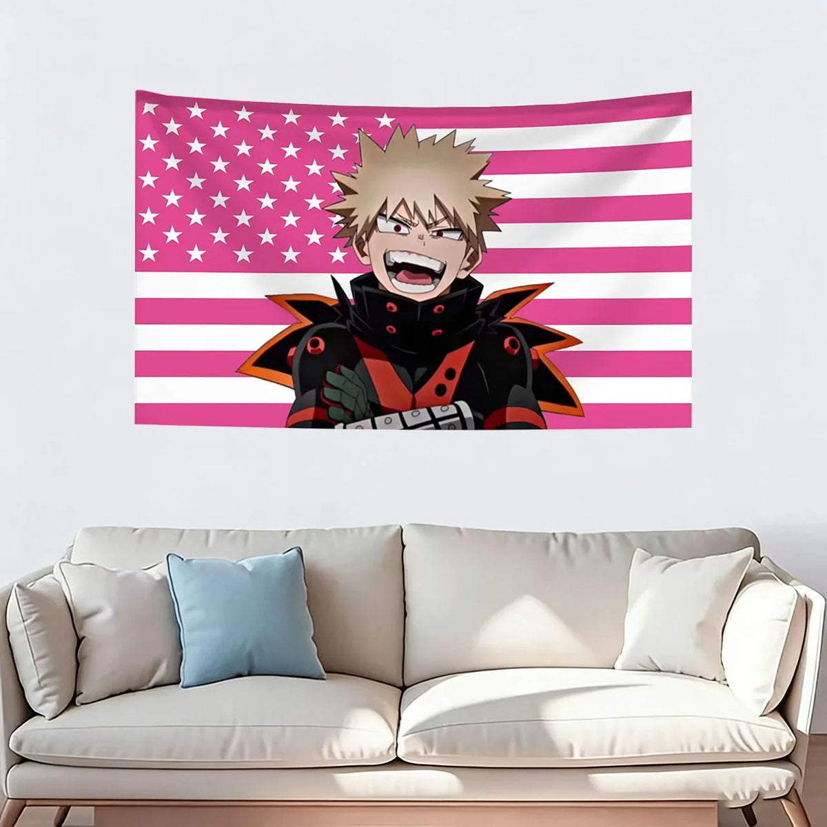 A tapestry featuring an anime character resembling Bakugo Katsuki against a pink and white striped flag background.