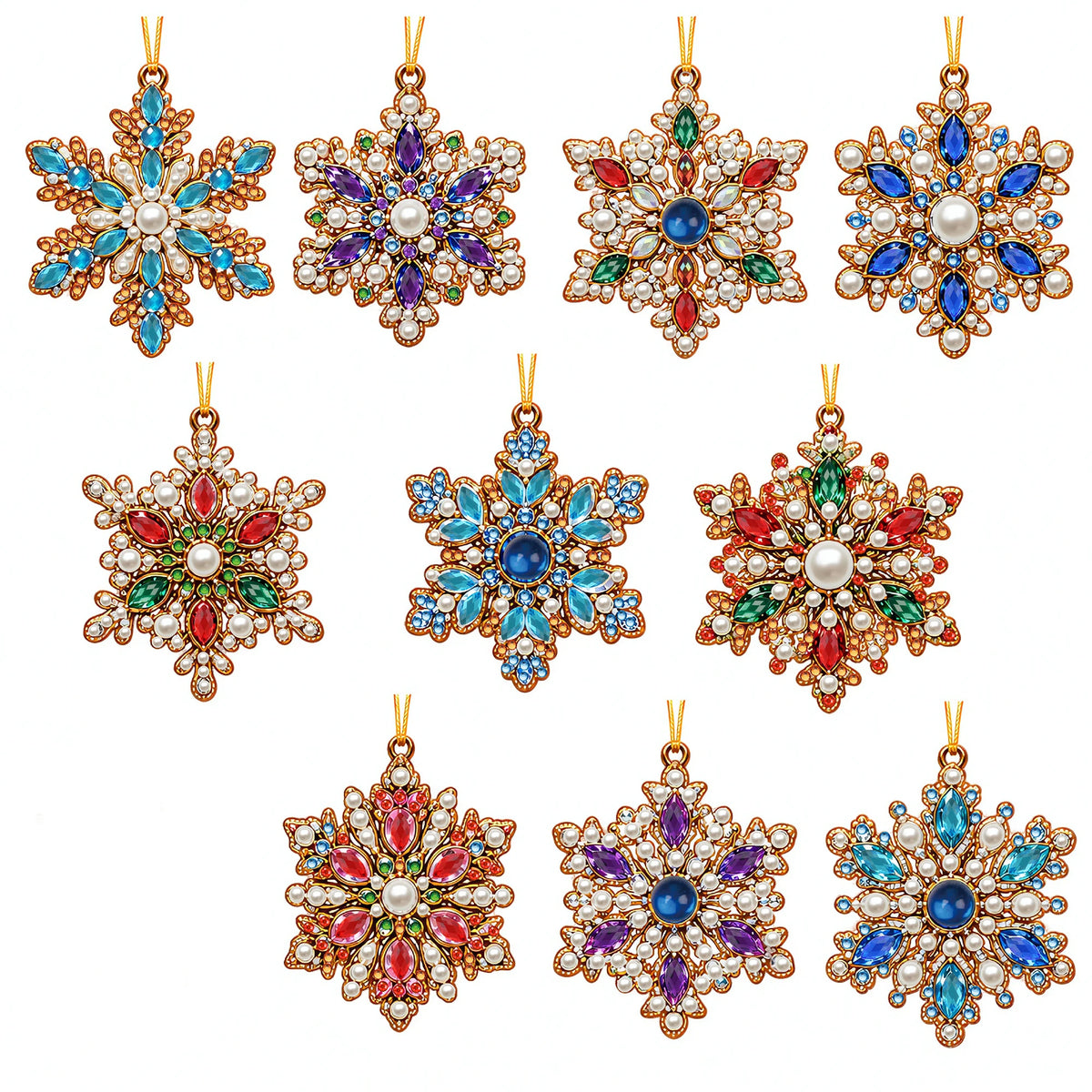 A set of ornate diamond art pendants featuring Christmas themes like Santa, snowman, and reindeer in gold and colored stones.