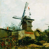 A painting depicting a windmill against a pale sky and surrounding greenery.