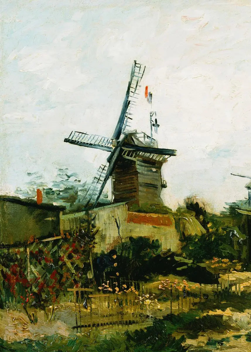 A painting depicting a windmill against a pale sky and surrounding greenery.