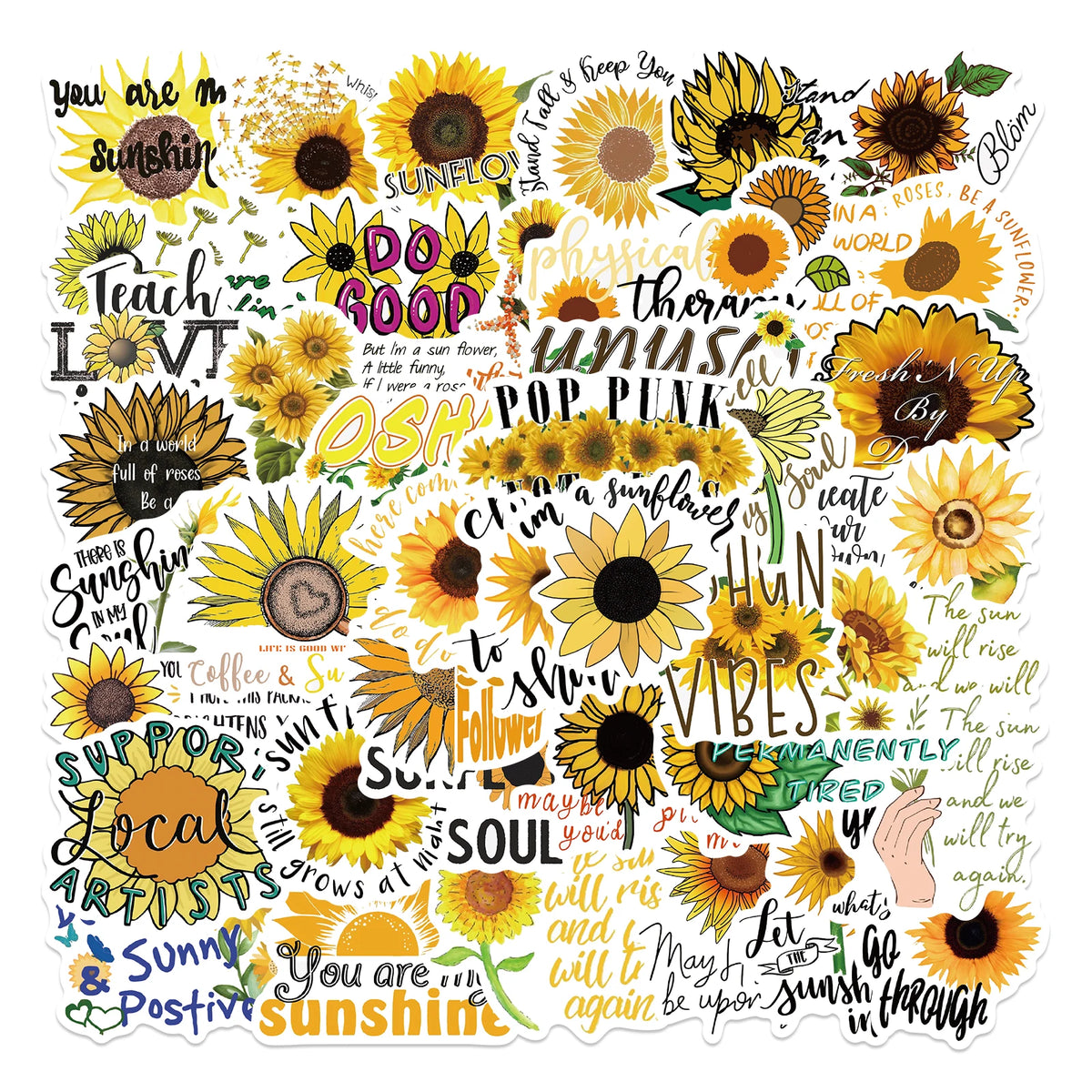 Buntes Collage aus Text und Sonnenblumen-Designs mit positiven Affirmationen wie 'Do Good' und 'You Are Sunshine.