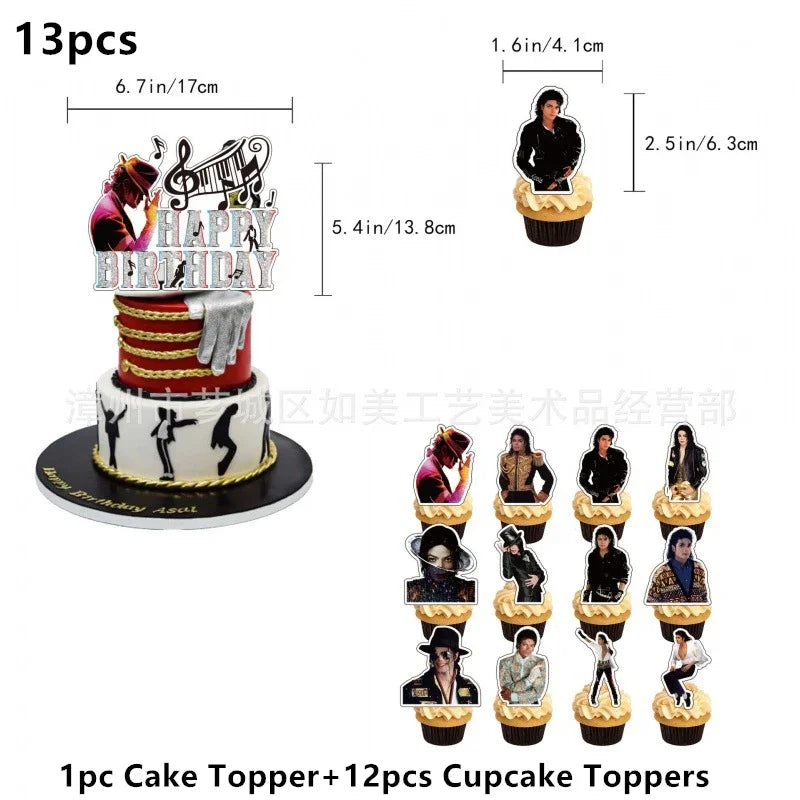 13 pieces of music-themed cake toppers and cupcake toppers featuring a musician silhouette