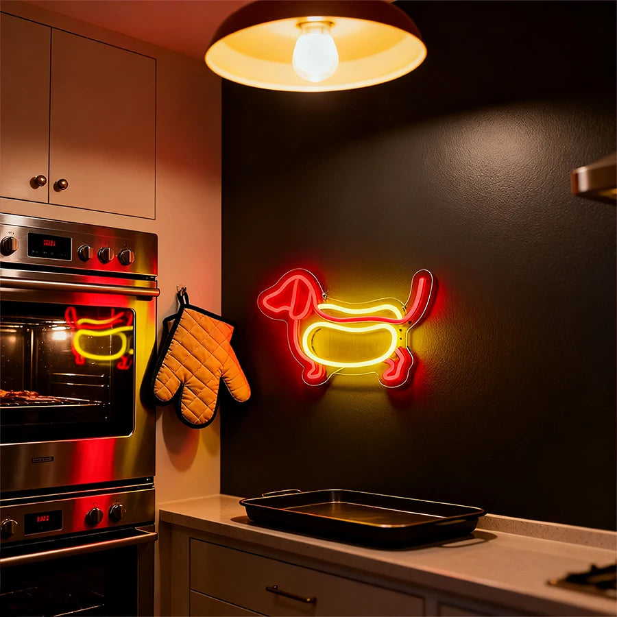 A neon sign shaped like a dachshund is mounted on a dark wall above a kitchen appliance.