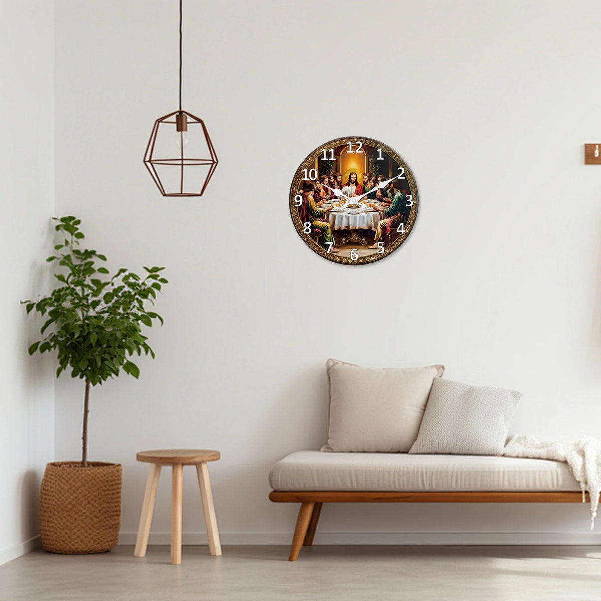 A vintage wooden wall clock depicting the Last Supper with twelve figures and a golden glow.