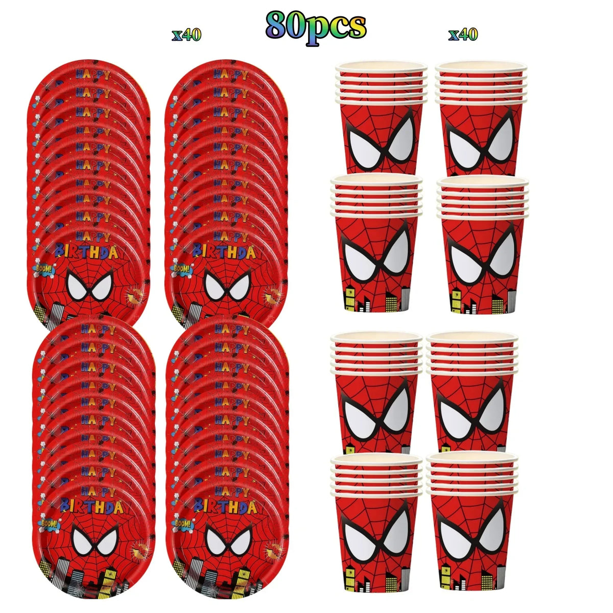 A set of 80 red plates and cups featuring Spider-Man designs for a party