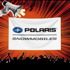 A white banner featuring the Polaris Snowmobiles logo against a red, radiating background.