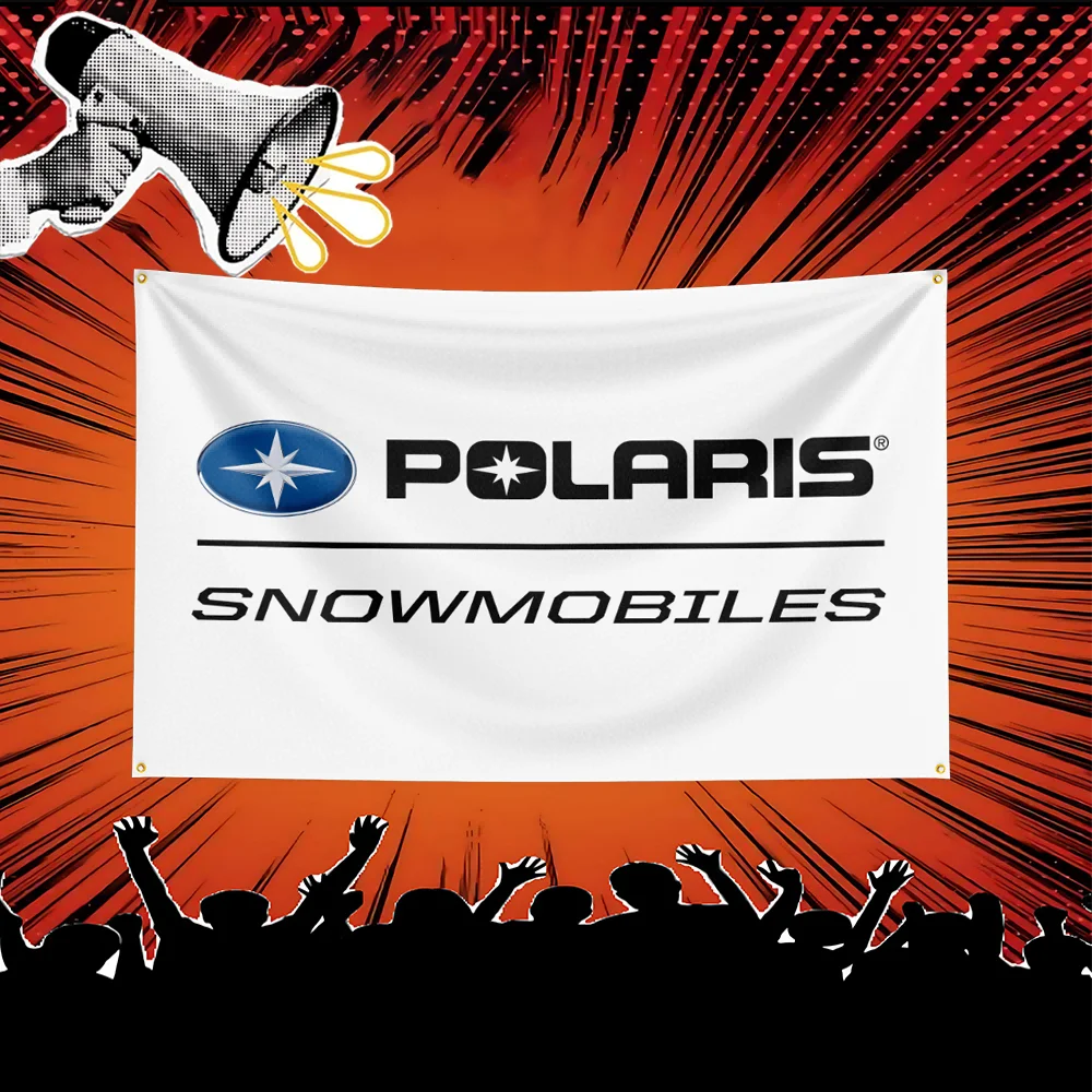 A white banner featuring the Polaris Snowmobiles logo against a red, radiating background.