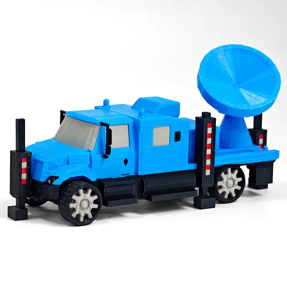 A blue Tornado Intercept Vehicle 3D printed display model with a large blue sensor on the top.