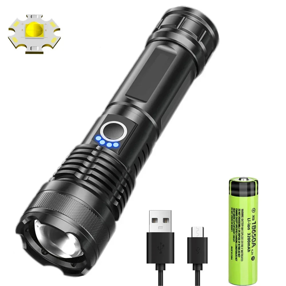 A black rechargeable zoom flashlight with a yellow LED head and USB-C charging port.