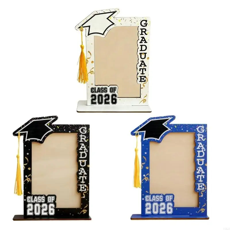 A decorative graduation photo frame with a light background and black and blue accents.