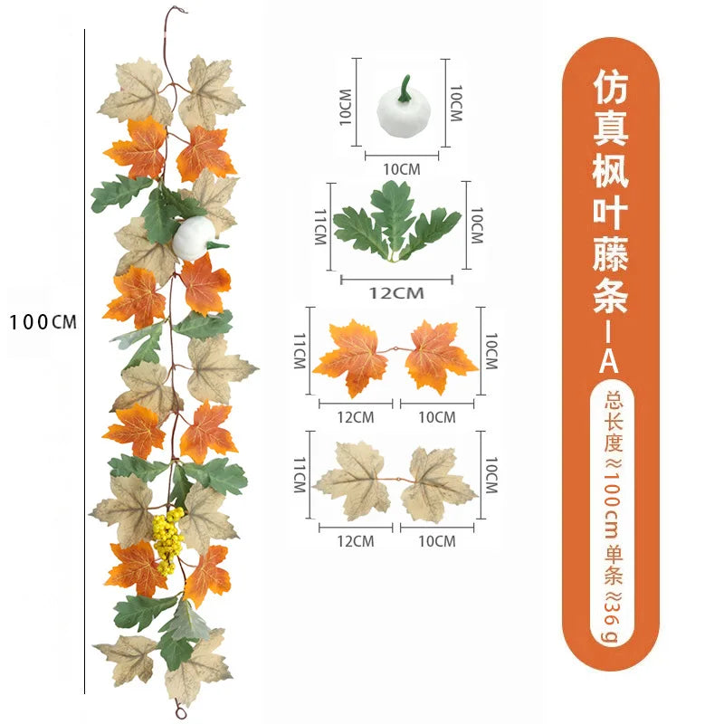 A long artificial maple leaf garland featuring autumn colors and white berries, displayed alongside size measurements.