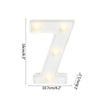A white alphabet letter light shaped like the number seven with warm white LED lights.
