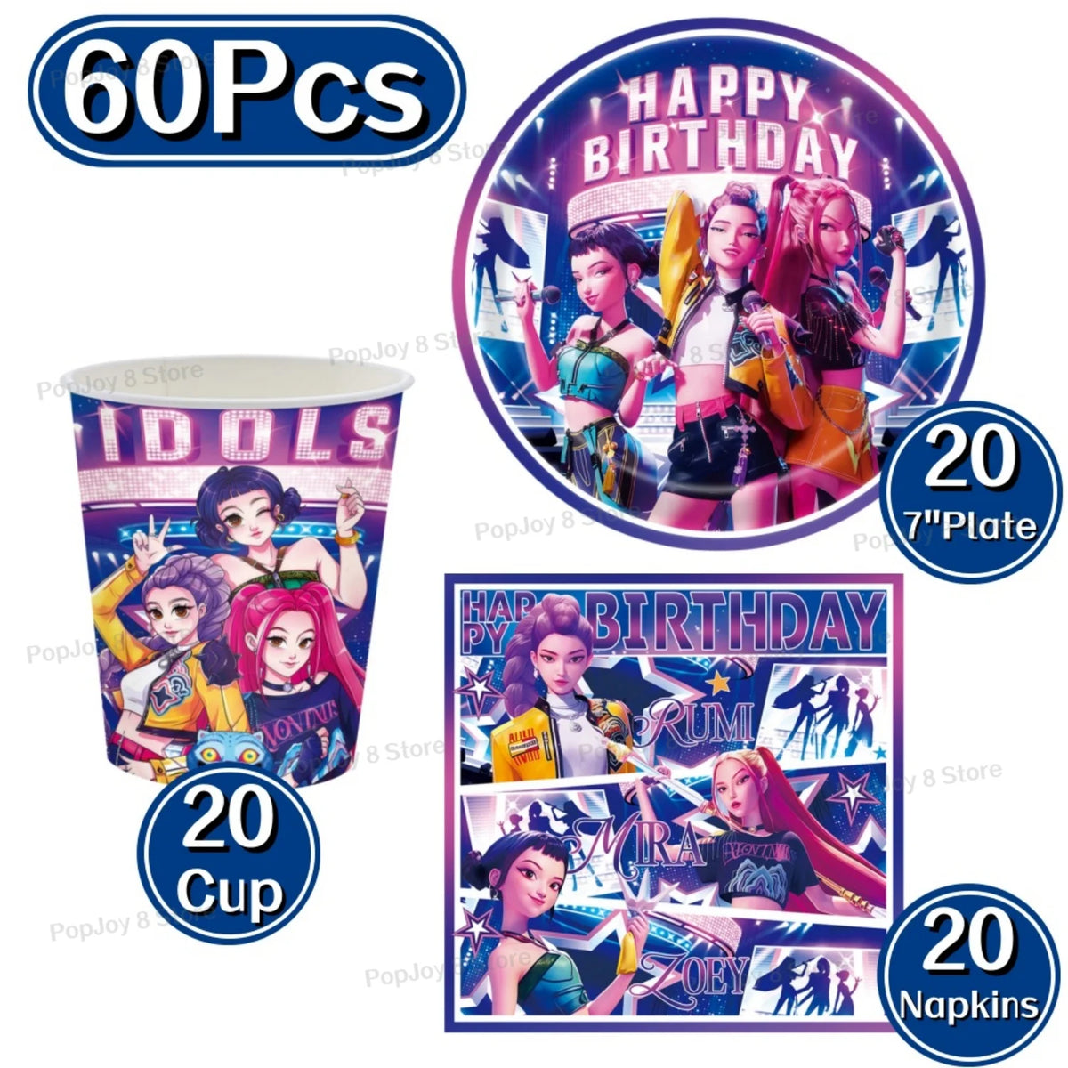 A set of 60 pieces of Kpop girl themed disposable party tableware including cups, plates, and napkins.