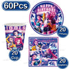 A set of 60 pieces of Kpop girl themed disposable party tableware including cups, plates, and napkins.