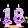 Two glitter flower number candles, 1 and 8, are lit against a black background.