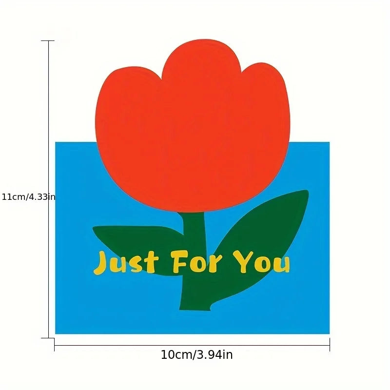 A vibrant red flower illustration on a blue background with the text Just For You.