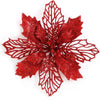 A red glittery artificial Christmas flower with a delicate, intricate lace-like design.