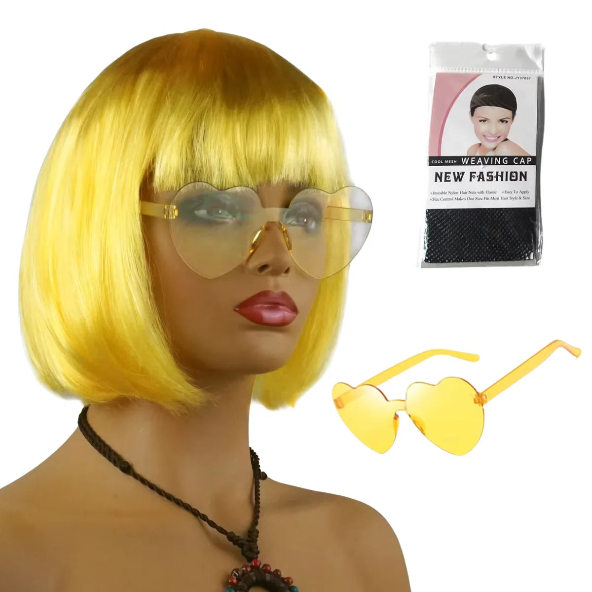 A blonde woman models a short bob haircut and wears yellow heart-shaped sunglasses with a packaging for a weaving cap wig.