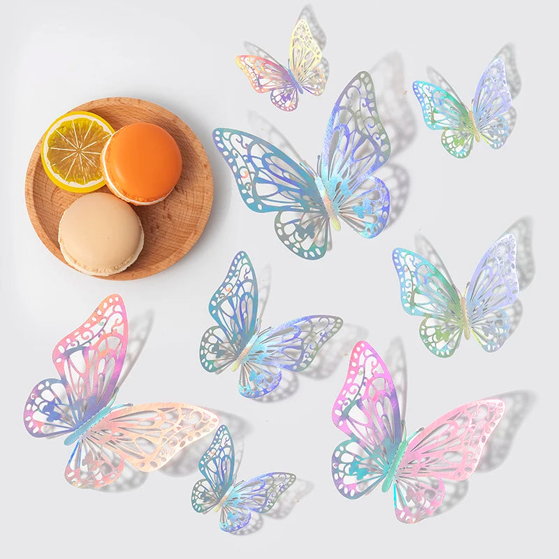 A collection of colorful, iridescent 3D butterfly wall stickers scattered on a light gray background.