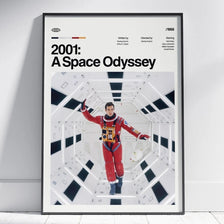 A poster titled 2001: A Space Odyssey featuring an astronaut in a spacecraft interior.